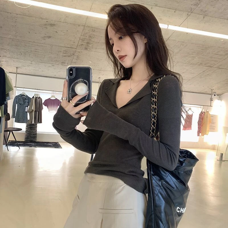 polo领针织衫女秋冬加厚纯欲V领长袖打底衫露锁骨上衣修身型
