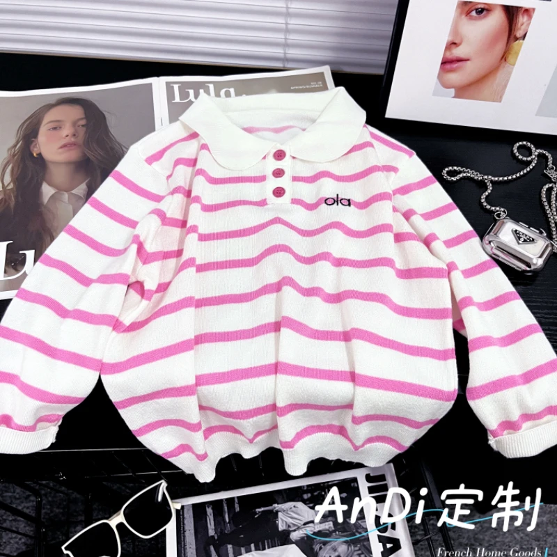 〖ANDI〗安迪订制秋季新款中大童女童时尚条纹翻领毛衣4702