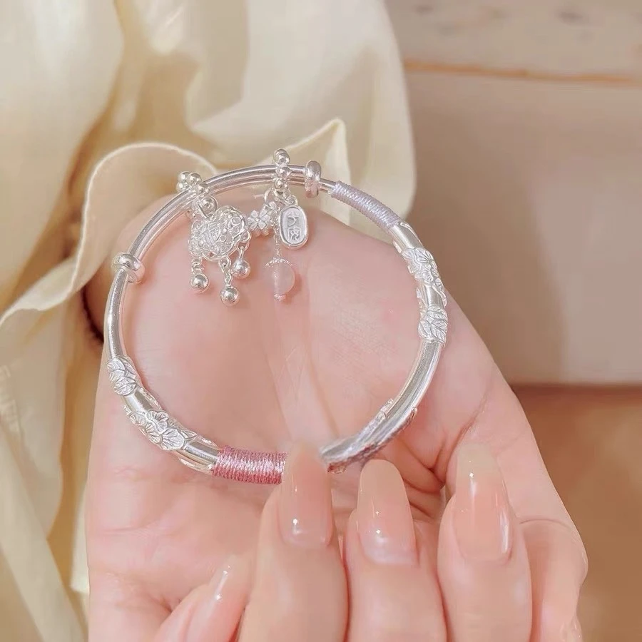 足银手镯 999足银手镯繁花似锦手工编织女纯银镯子活口小众送女友