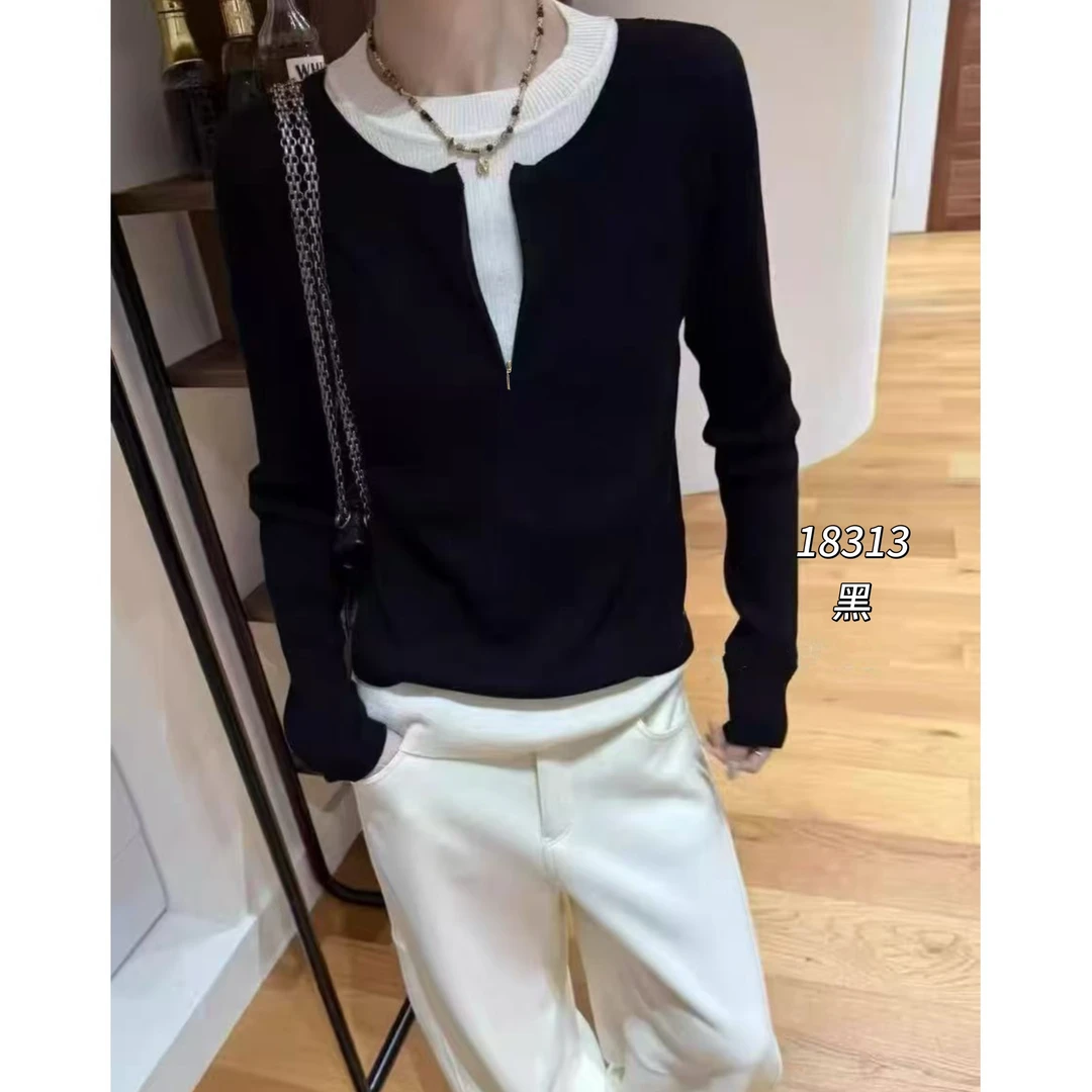 18313（部分无水洗唛介意慎拍）WANGDAN假两件亨利领刺绣针织衫