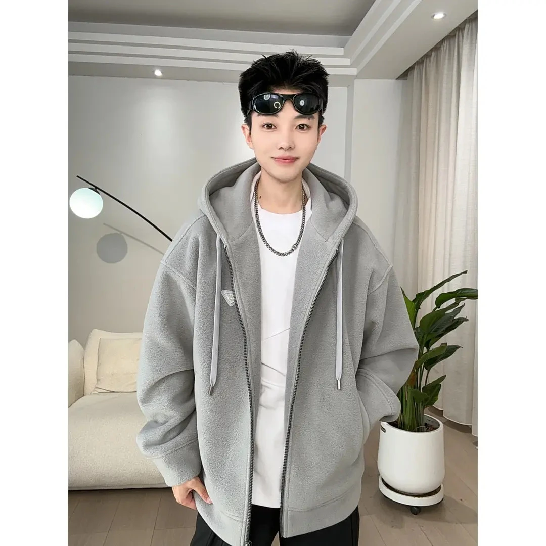 【臻品】双面摇粒绒卫衣男秋冬季新款重磅连帽宽松半拉链外套W-777