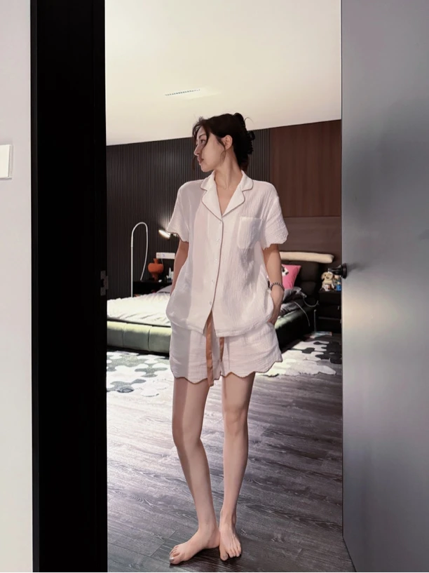 doubleoo新款柔软双层棉纱开衫对襟套装女睡衣家居服法式慵懒老钱