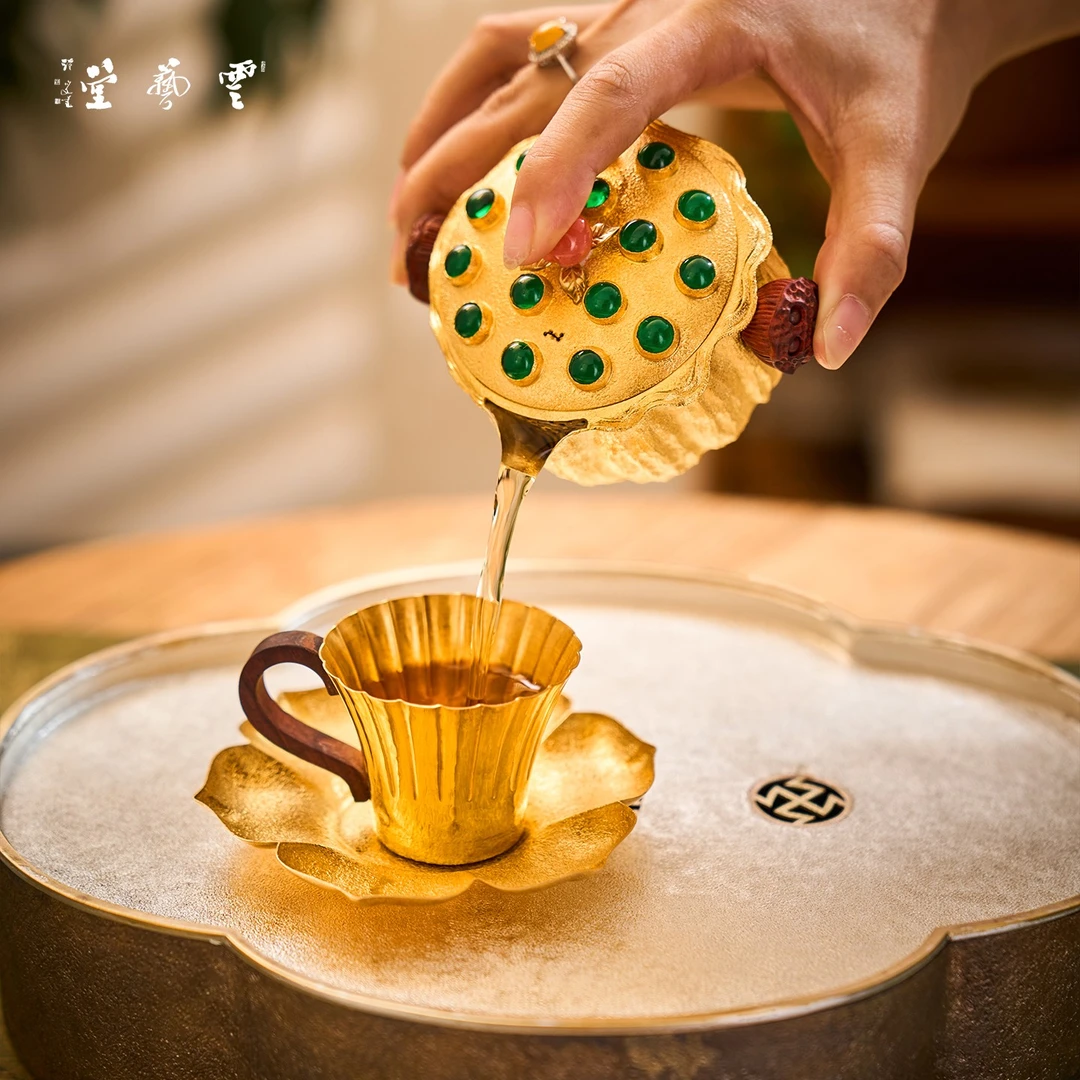 芸术云艺堂 足银999泡茶壶纯手工家用手抓壶功夫茶道茶具镀金莲蓬