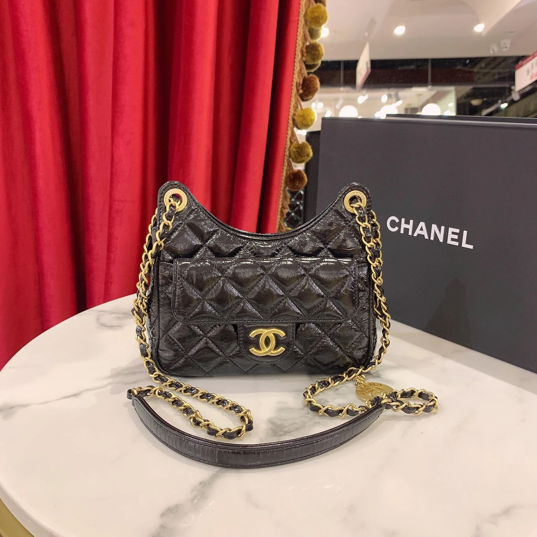 95新 Chanel/香奈儿 23p天猫精灵hobo小号黑金牛单肩包86543587