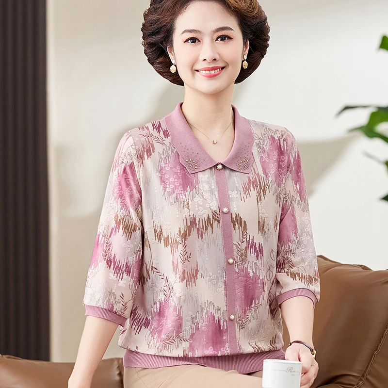 中老年女装春夏七分袖T恤洋气妈妈装薄款翻领上衣老年人打底衫