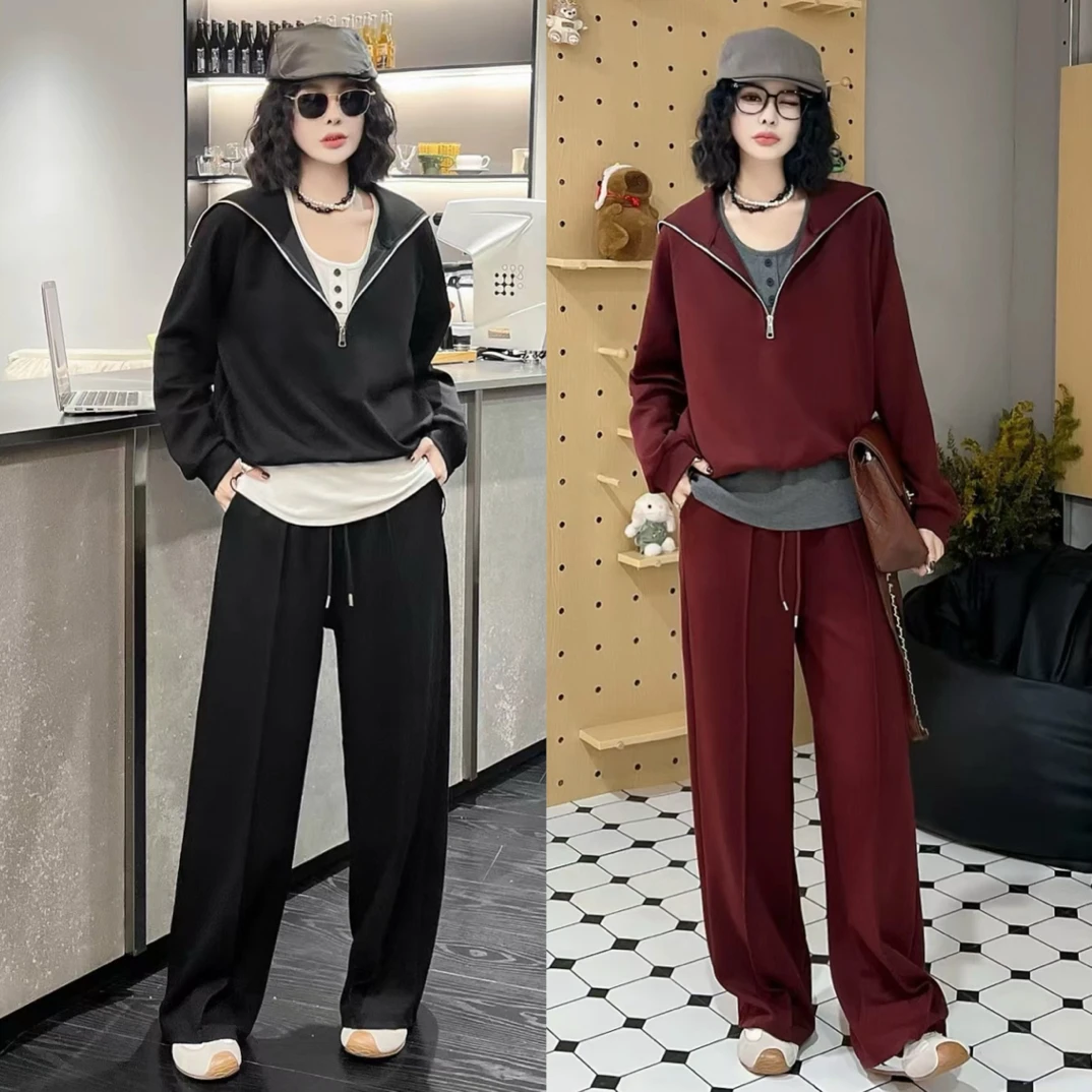 春秋裤套装女三件套卫衣拉链海军领长袖运动休闲显瘦遮肉大码套装