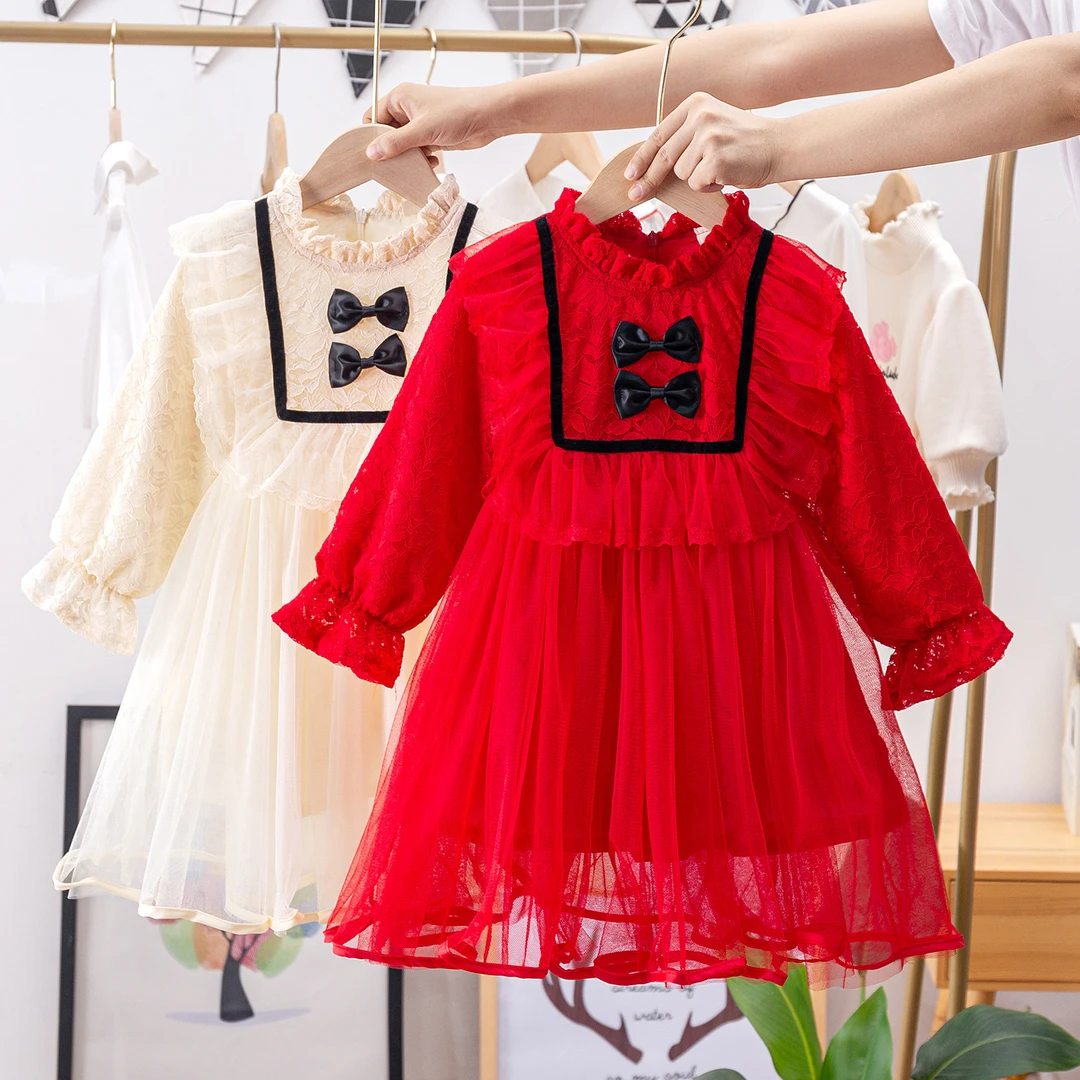 女童连衣裙2025新款春秋季裙子宝宝洋气长袖公主裙甜美网纱蕾丝裙