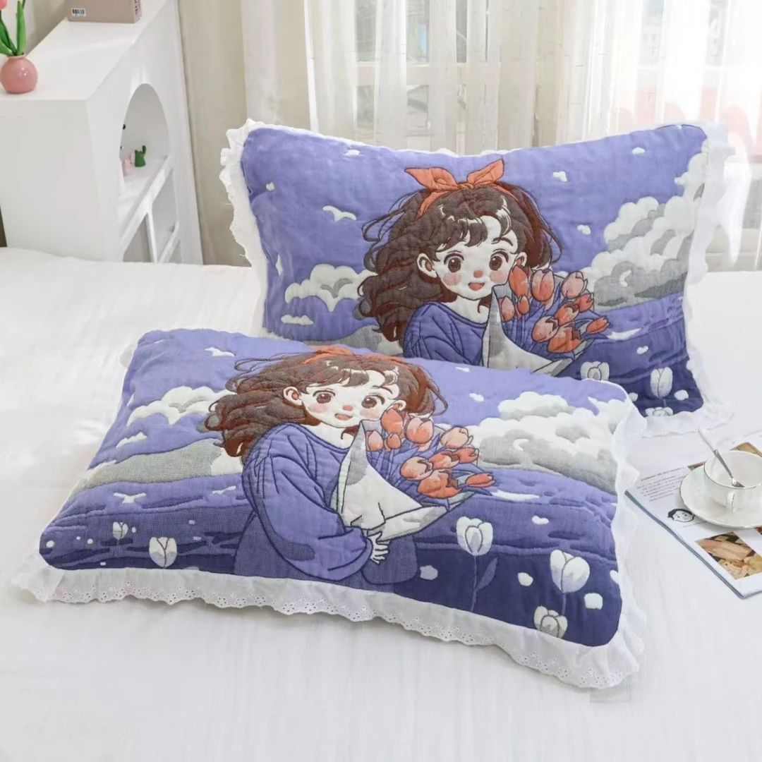 新款纱布泡芙枕巾加厚高档一对（2条装）可爱家用爆款枕巾