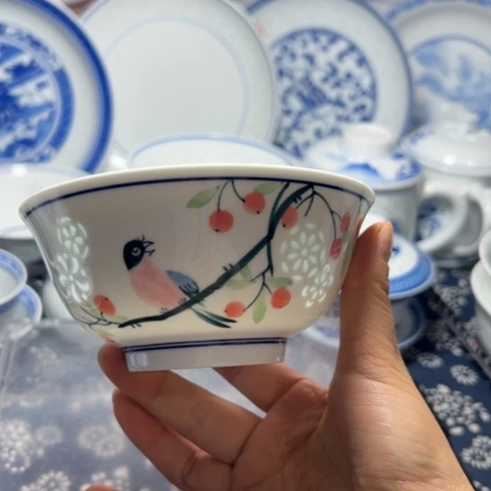 碗手绘5寸花鸟饭碗5个