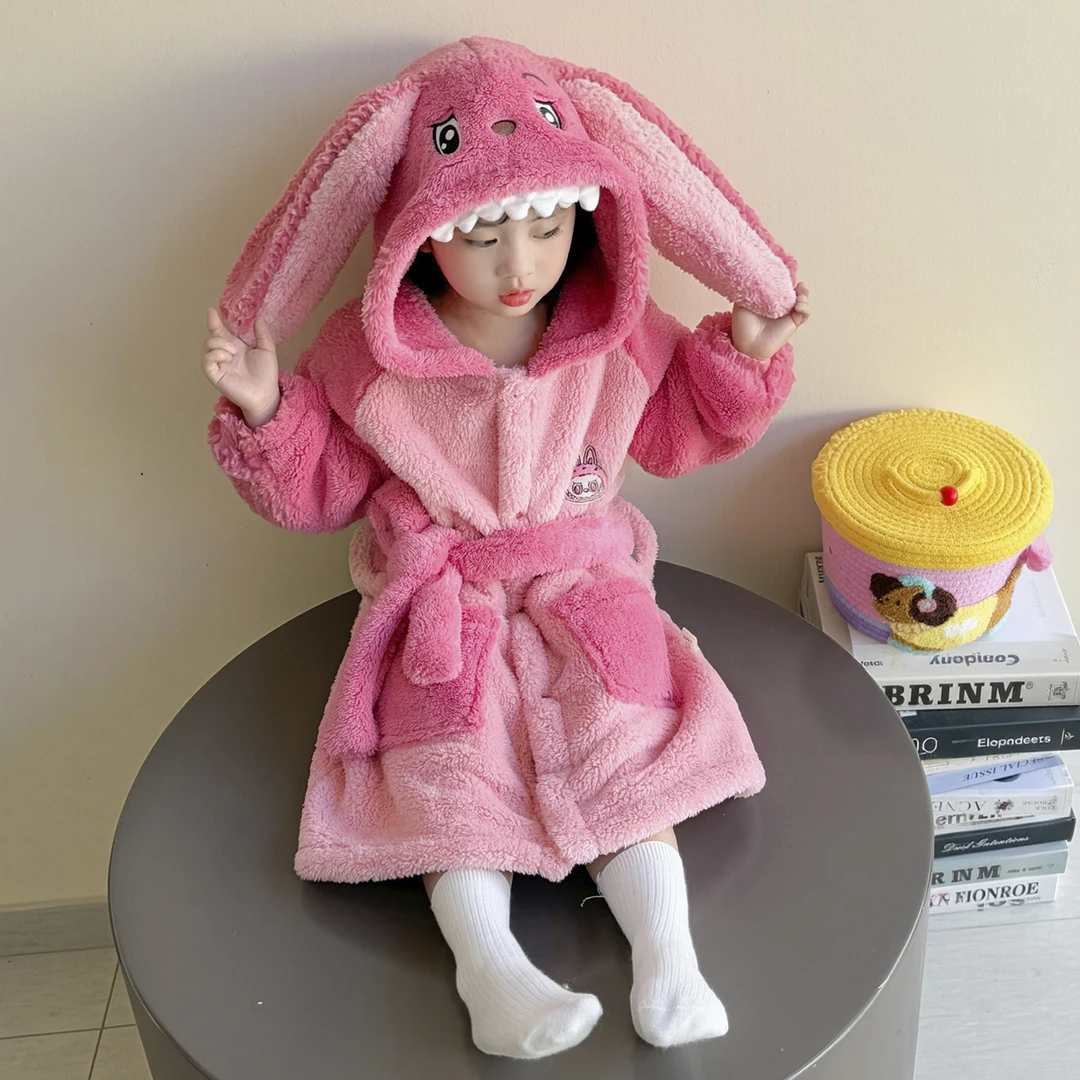 女童睡袍秋冬款女孩拉布布连帽开衫珊瑚绒长款可穿式冬季儿童浴袍