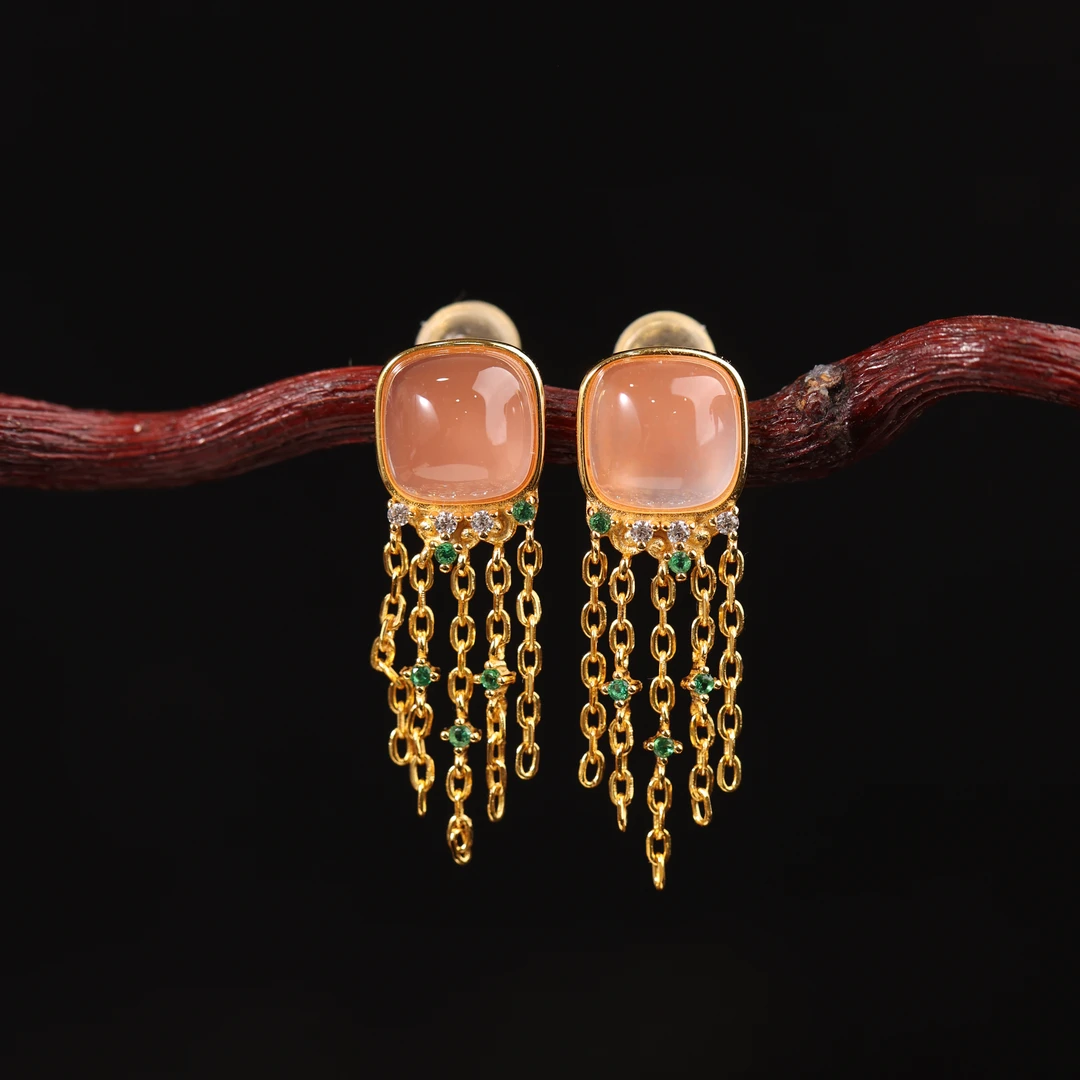 原创国风新中式定制珠宝s925银镶南红冰粉方糖流苏耳饰