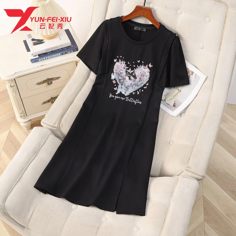 云妃秀大码女装连衣裙时尚休闲微胖圆领印花显瘦收腰百搭夏季8806