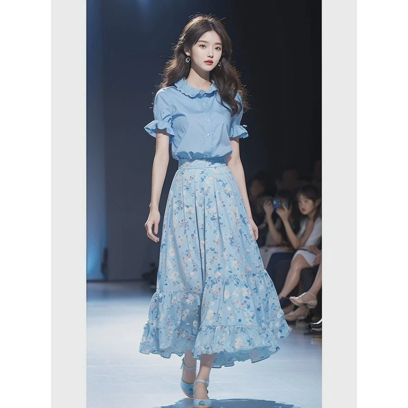 夏装搭配一整套韩系蓝色短袖衬衫碎花半身裙套装2025新款女装夏季