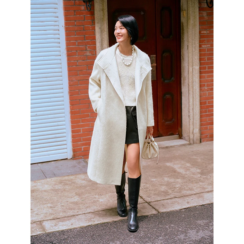 Goodland美地2025冬季新款宽松气质白色双面呢羊毛大衣LC35580190