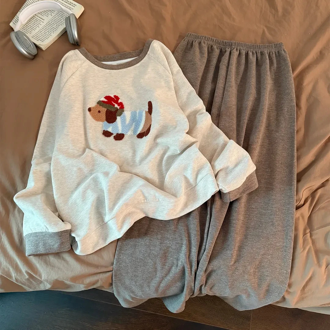 秋冬季睡衣女纯棉韩系小狗加绒加厚保暖套头家居服休闲两件套套装