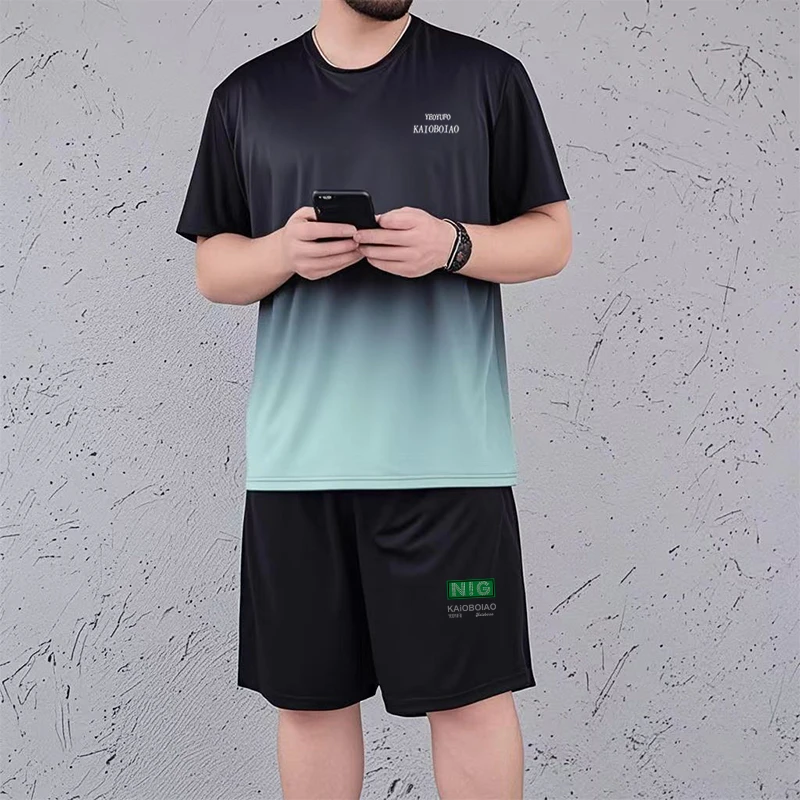 加肥加大码夏季短袖t恤男士五分短裤夏天休闲运动套装宽松两件套