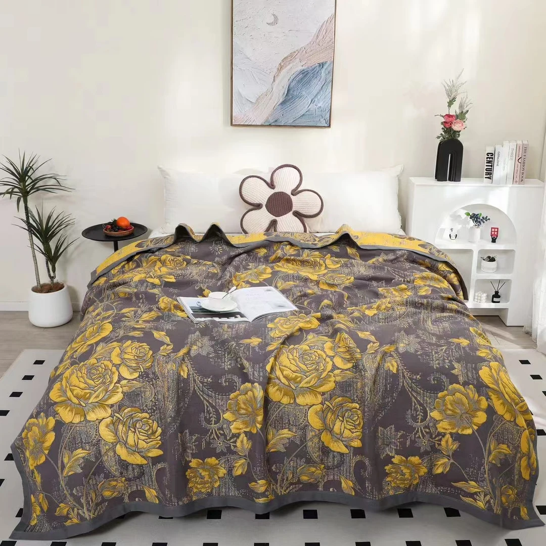 【M床盖-加大漫语花香】230*250cm多层纱布长绒棉细沙柔软通用床盖