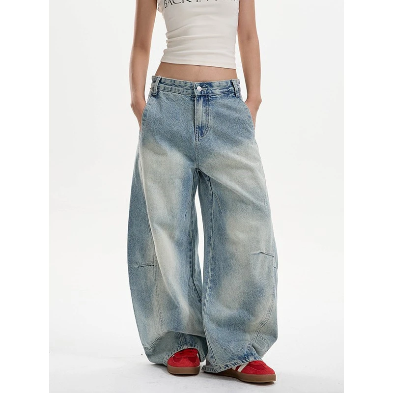 美式水洗做旧弯刀牛仔裤女2025高街复古宽松休闲百搭阔腿裤子直筒