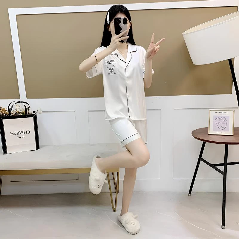 2025新款轻奢高级感山茶花冰丝睡衣女夏季薄款短袖网红家居服套装