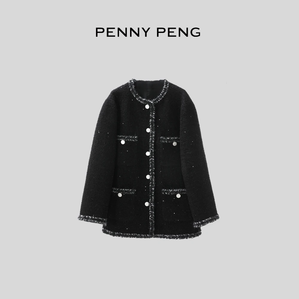 PENNYPENG黑松露春季气质设计师百搭黑色小香风羊毛羊驼毛外套