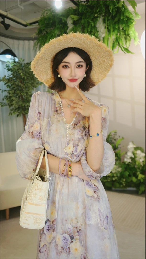 香芋紫桑蚕丝亚麻高定夏季新款时尚V领印花串珠法式连衣裙