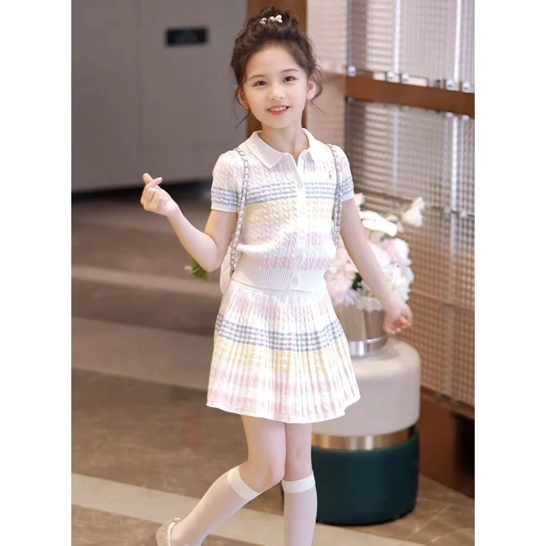 2025新款夏季儿童洋气开衫上衣女孩夏装半身裙两件套女童针织套装