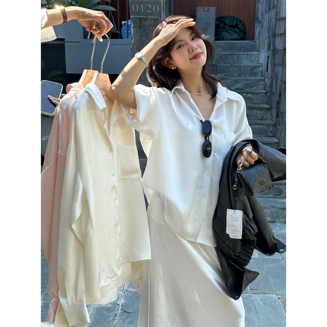 美树【柠檬绿茶】缎面材质丝滑珠光时髦简约高级百搭显瘦衬衫8103#