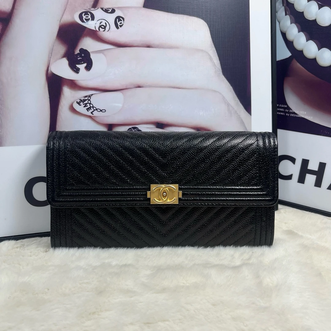 99新 Chanel/香奈儿 黑金长款钱包（25开带卡全套）