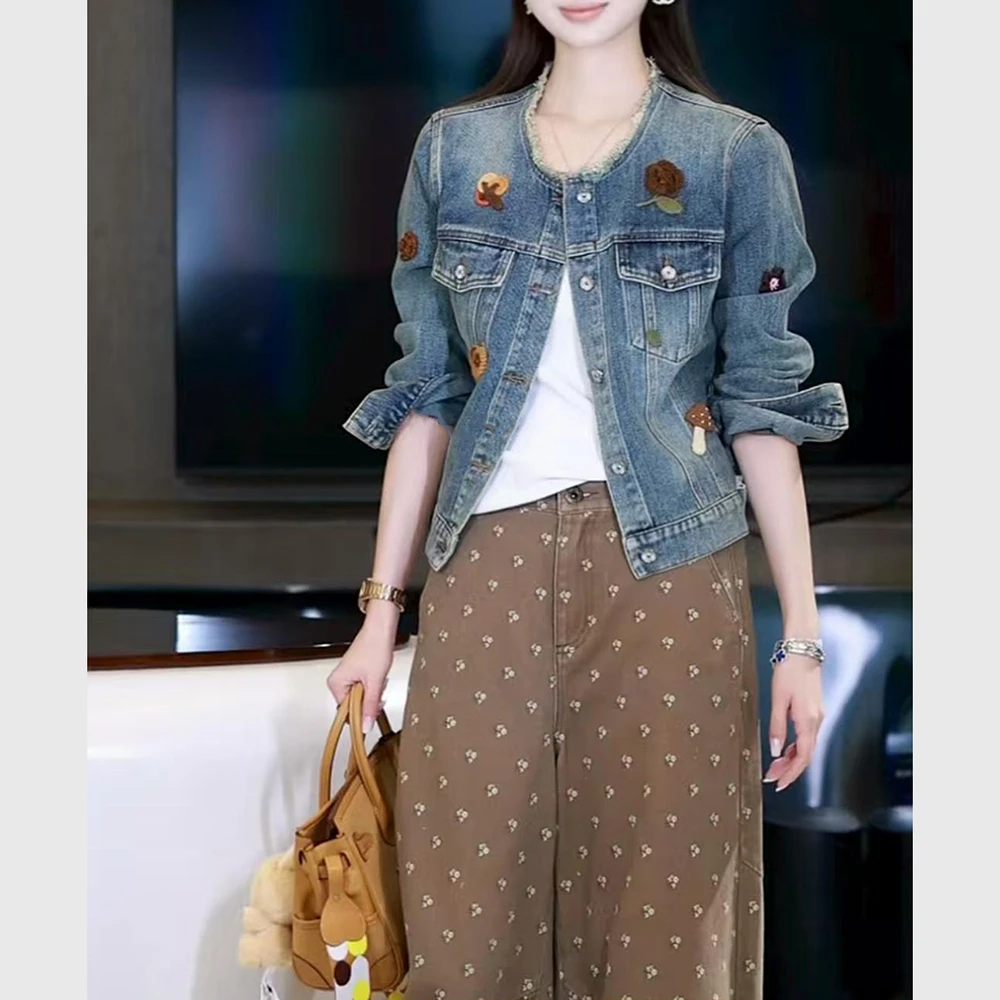 知性风女装2025秋季新款高级感小众洋气衣服洗水毛织钩花牛仔外套