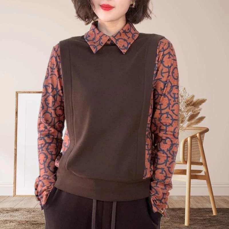 假两件时髦拼接设计感长袖上衣双面绒加厚高级感百搭显瘦翻领小衫