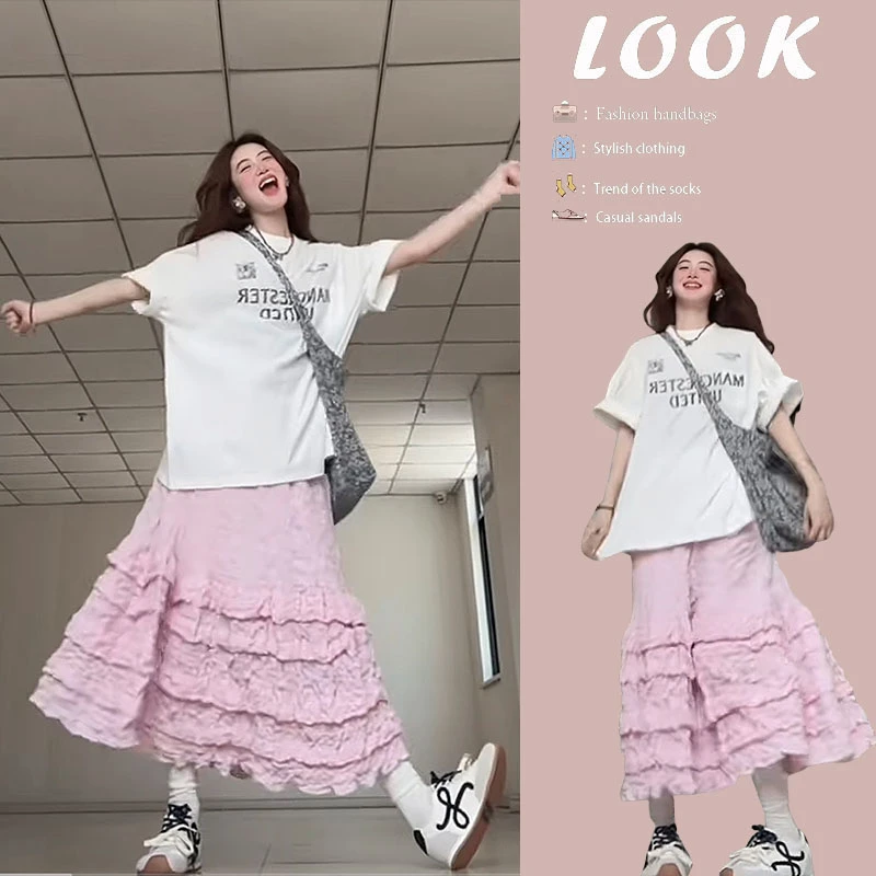 夏季温柔系穿搭女2025新款宽松圆领印花短袖T恤花边半身裙两件套