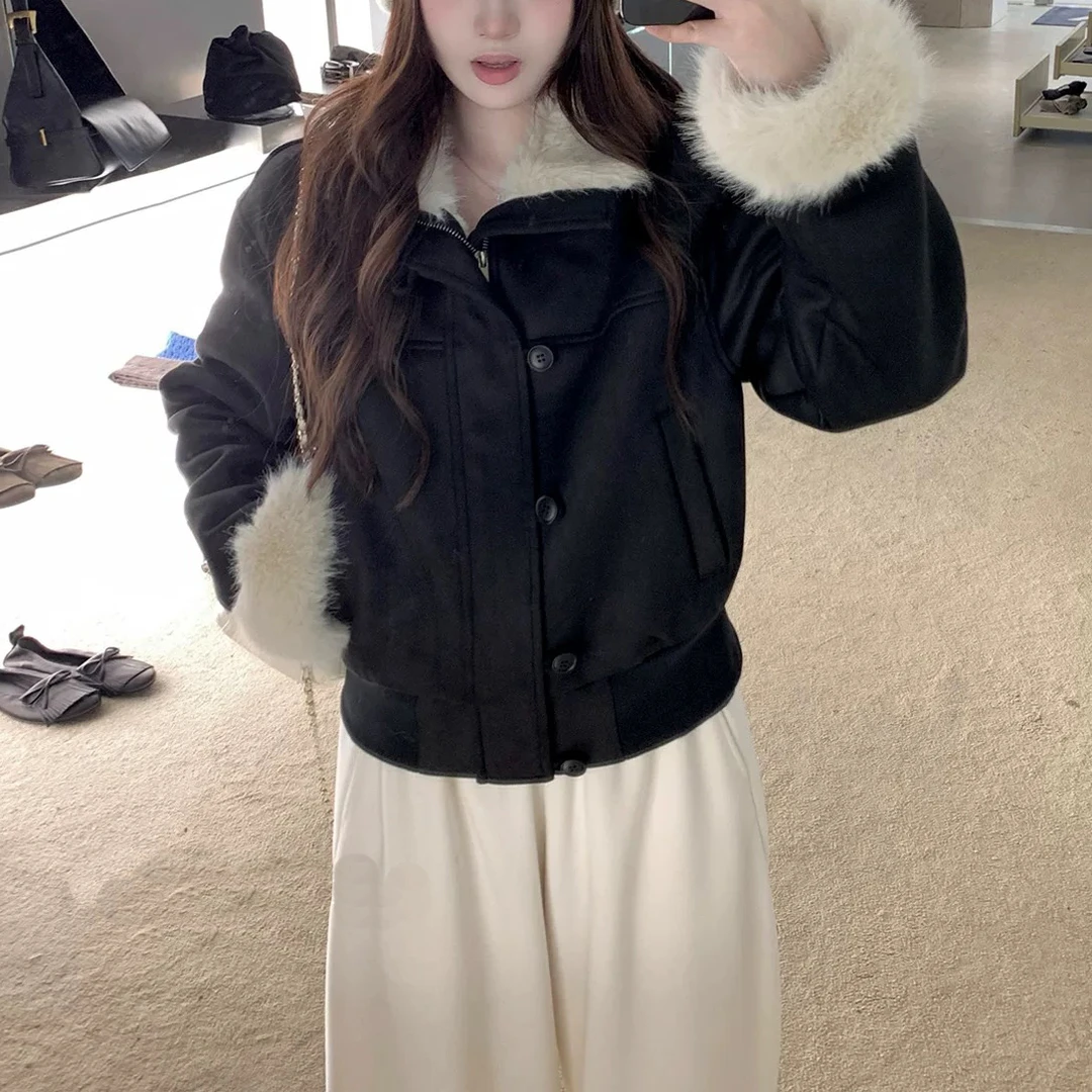 皮毛一体麂皮绒外套环保毛领夹克棉服女冬