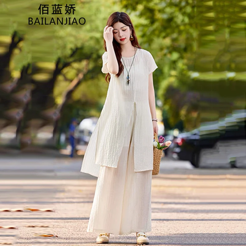 小众不规则上衣阔腿裤套装女2025新款高级感遮肉棉麻裤裙两件套潮