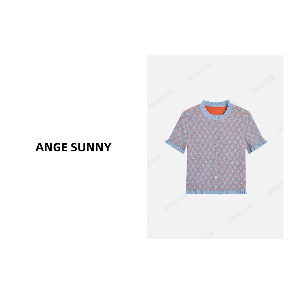 ANGE SUNNY【三角标针织开衫】菱格单排扣圆领短袖上衣 时尚新款