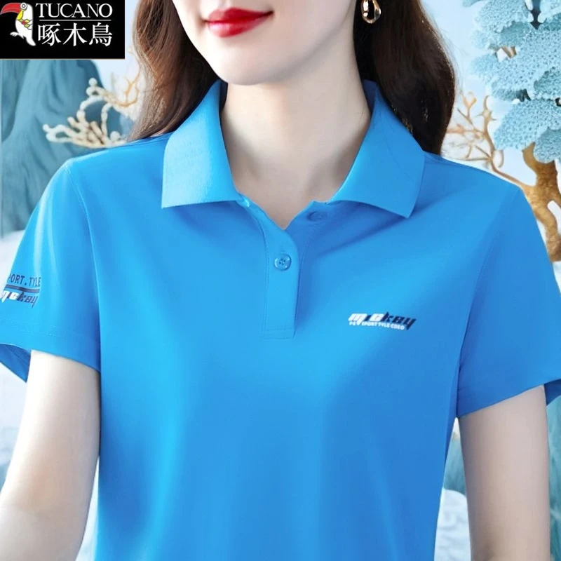 啄木鸟2025年新款印花短袖T恤小众纯色纽扣POLO领夏季简约上衣女