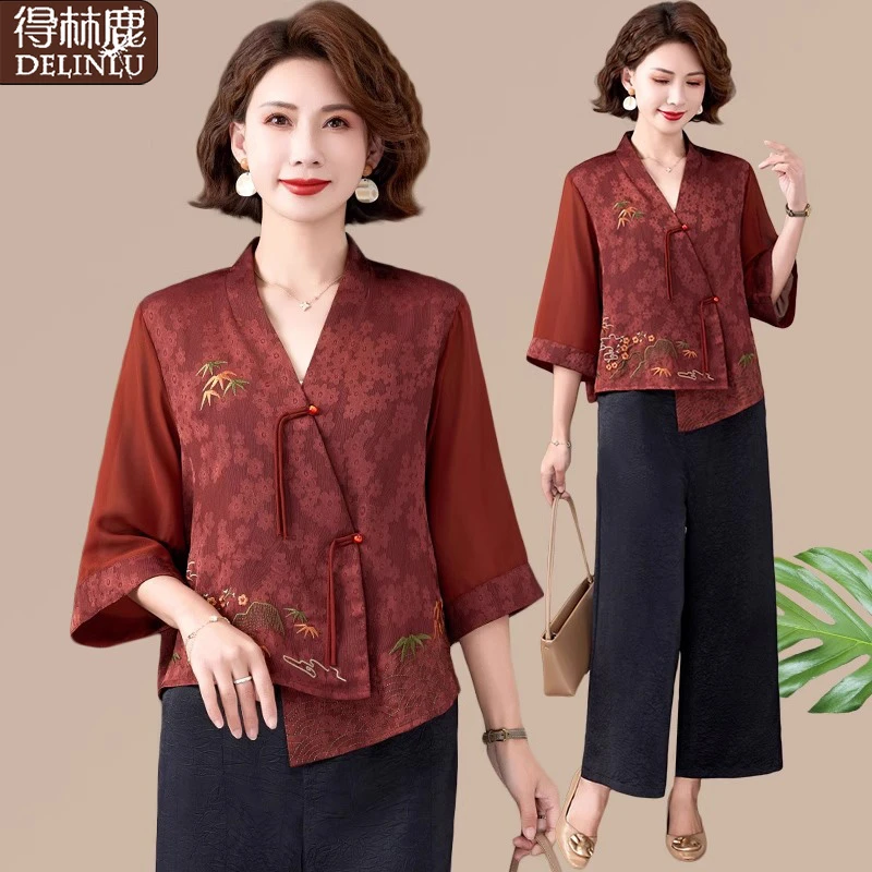 妈妈夏装国风衬衫宽松七分袖小衫中老年女品牌夏季雪纺上衣