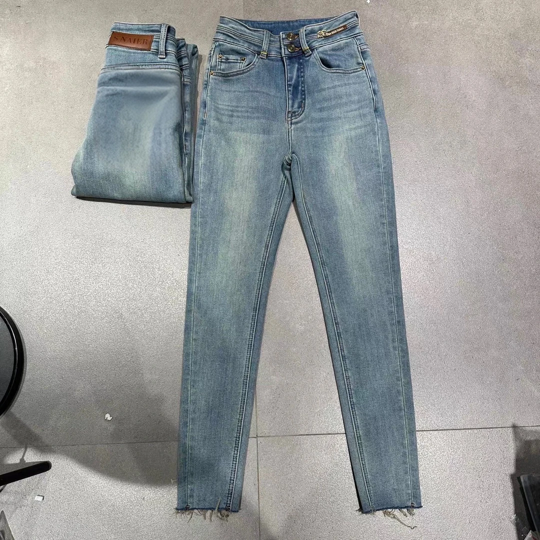 芷希女装新款淡蓝色植绒高腰弹力修身显瘦小脚裤25-30码