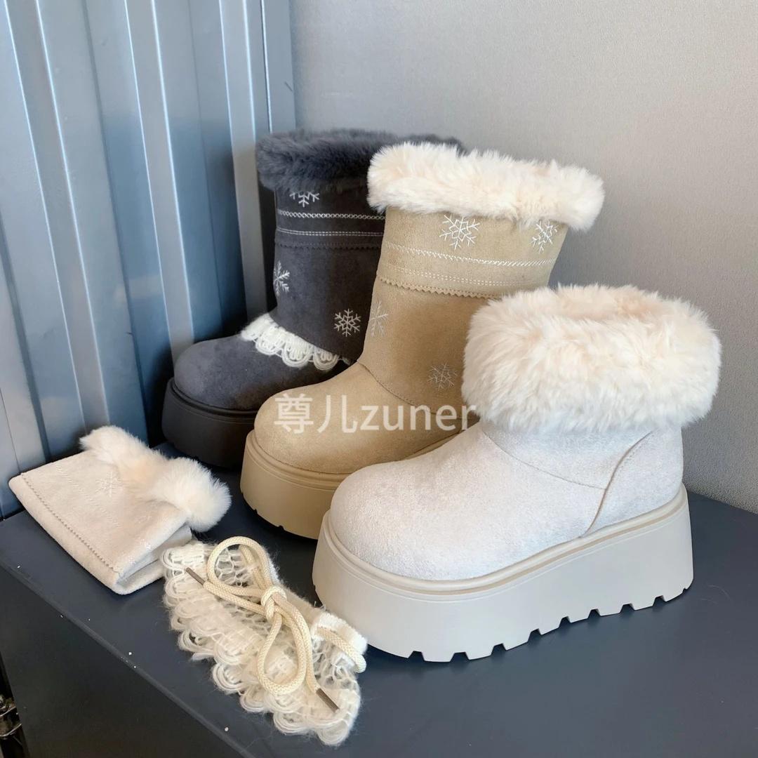 尊儿2025冬季雪花拆卸时尚百搭厚底加绒加厚中筒新款短筒雪地靴