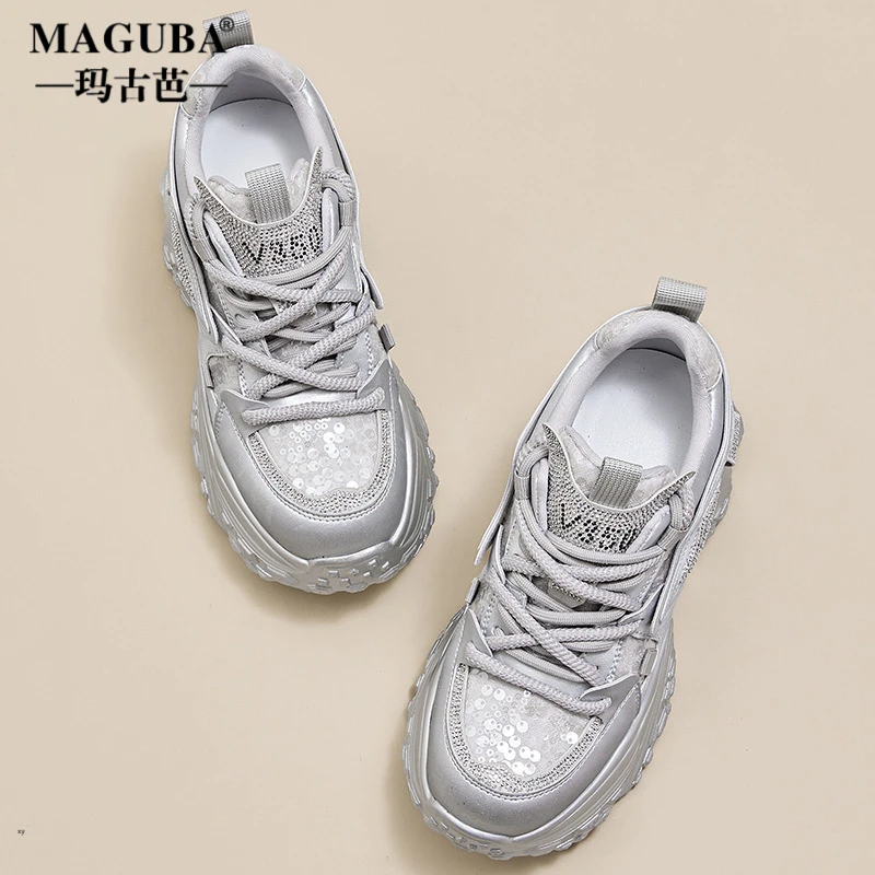 MAGUBA/玛古芭银色内增高厚底老爹鞋女2025春季款休闲运动小白鞋
