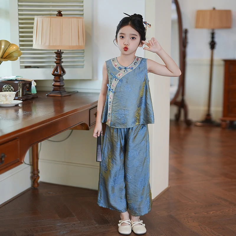 80734新中式国风女童汉服2025夏季女宝宝古风马甲背心两件套唐装