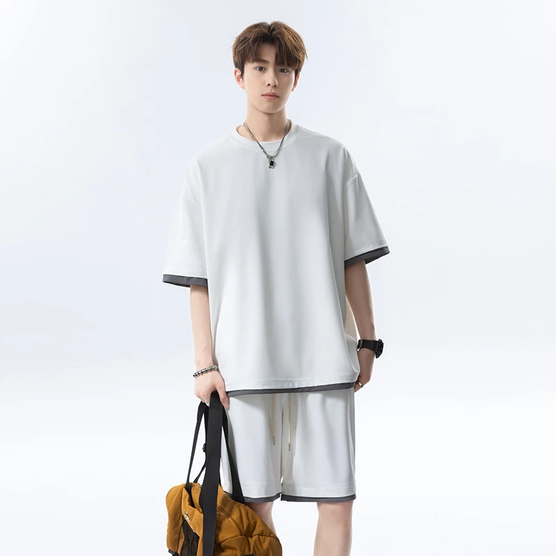 假两件短袖T恤男美式潮牌夏季套装薄款宽松休闲运动篮球服两件套