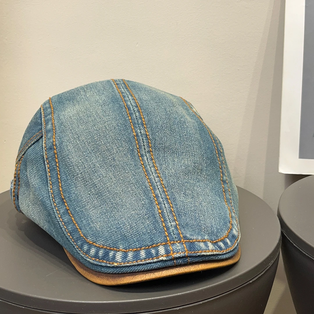 水洗牛仔前进帽鸭舌PU女报童帽春秋款百搭防晒显脸小反戴贝雷帽子