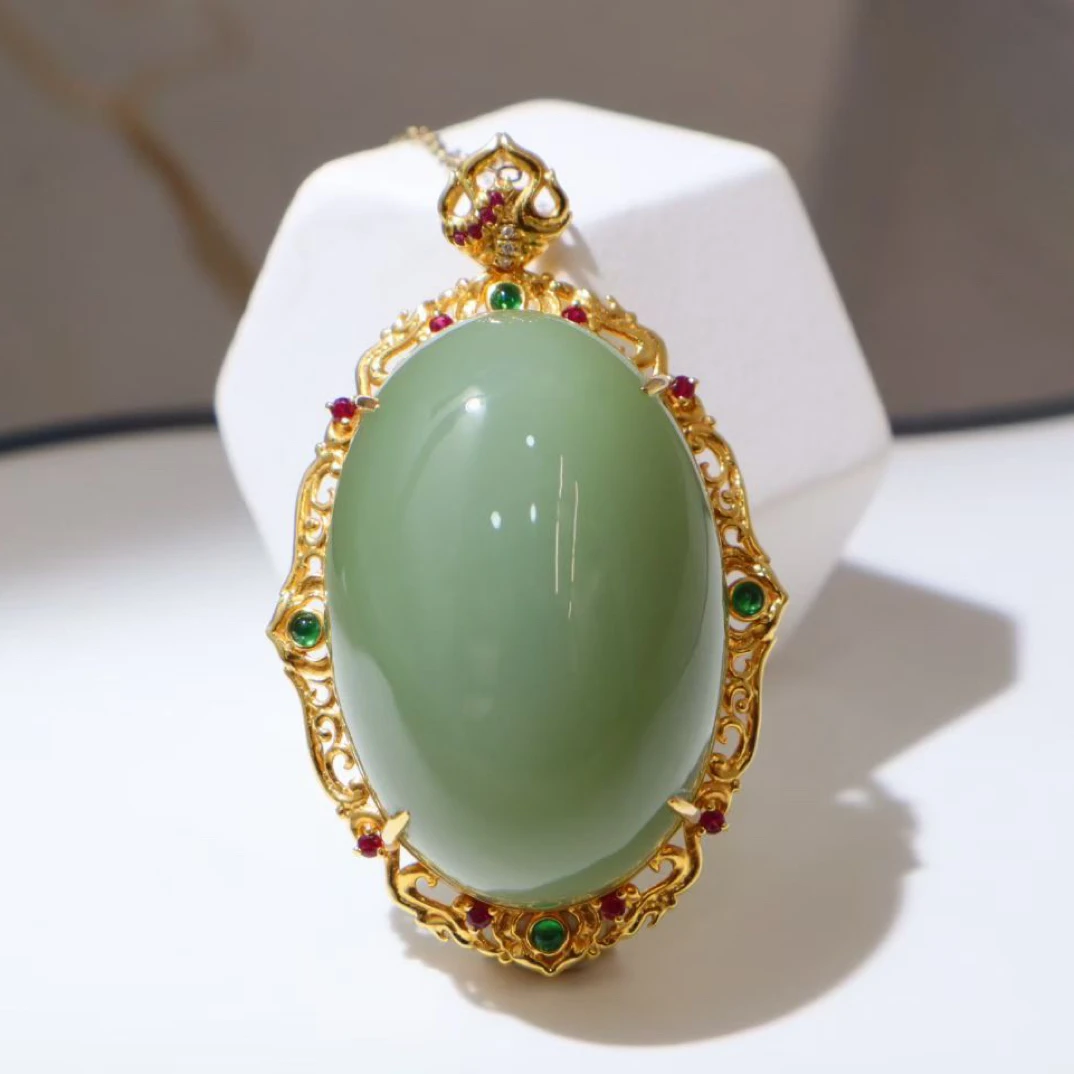 【和田玉碧玉粉青蛋面吊坠】俄罗斯老矿料稀有瓷蓝底粉青大蛋面18K