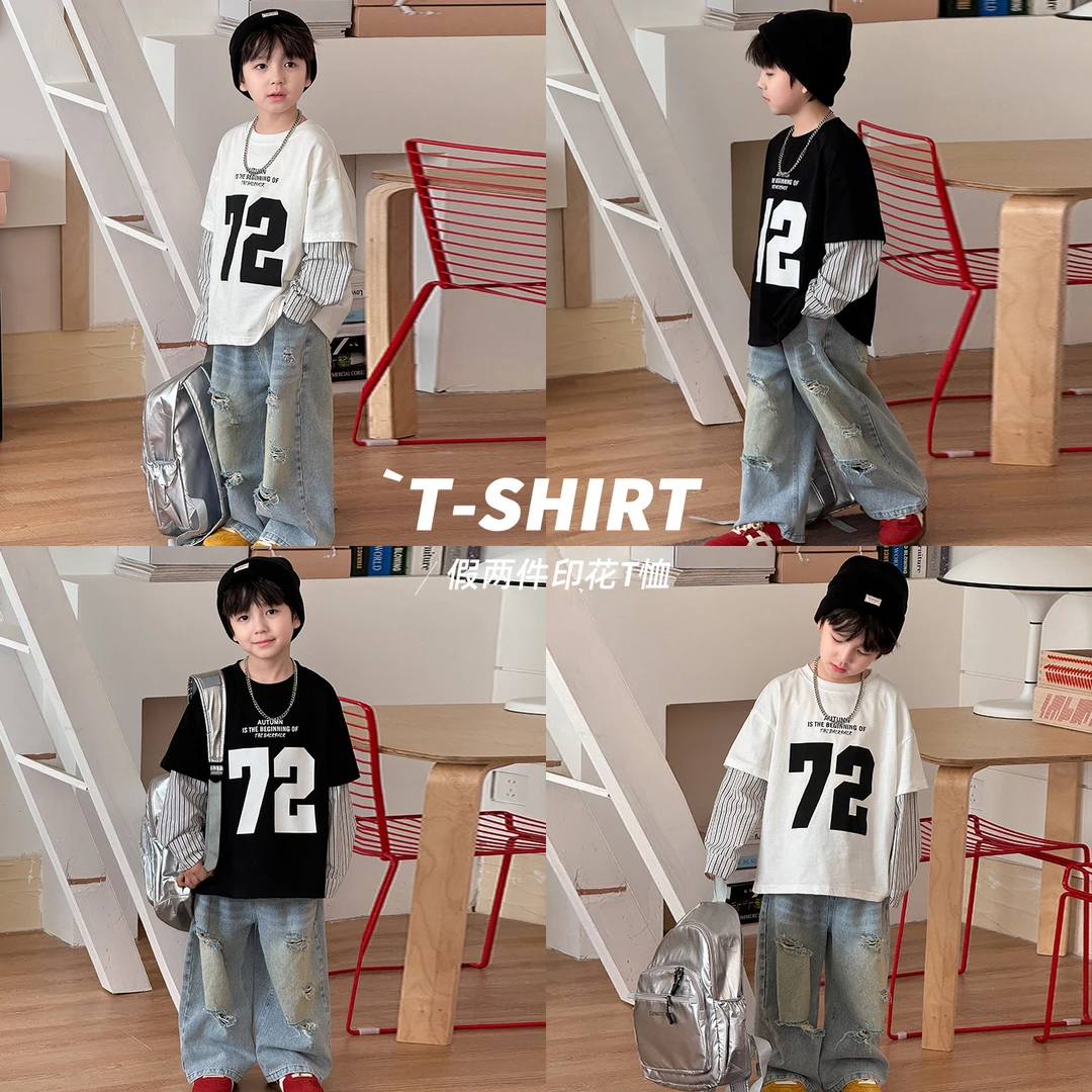 AC5069棉小班童装儿童印花上衣假两件儿童T恤2025春季休闲长袖衫