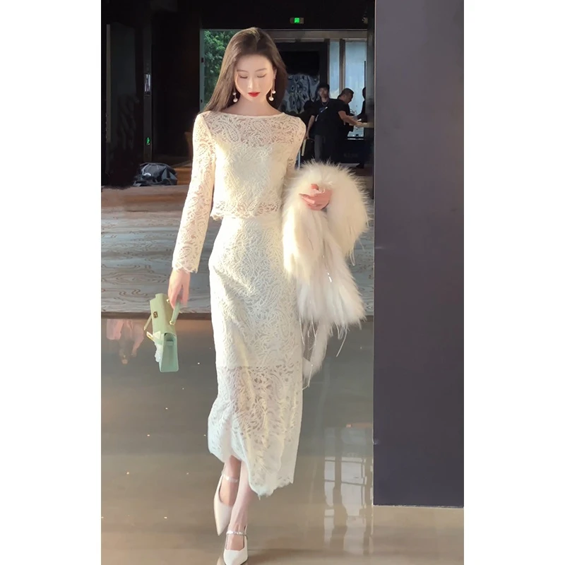 格润漂亮独特套装裙2025新款女神范气质蕾丝上衣显瘦包臀裙两件套