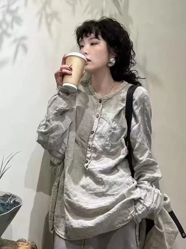 忆古品牌亚麻半扣套头上衣