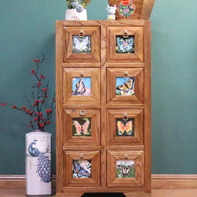 柜子高93宽50深40 老榆木榫卯八斗柜 镶嵌唐三彩陶瓷板画摆件