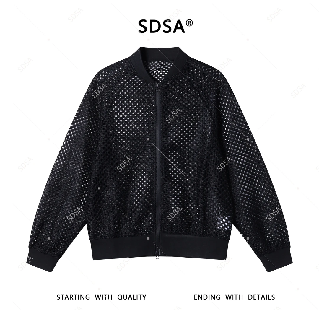 SDSA秋季新款男士痞帅简约纯色插肩网拉链上衣镂空拉链设计时尚