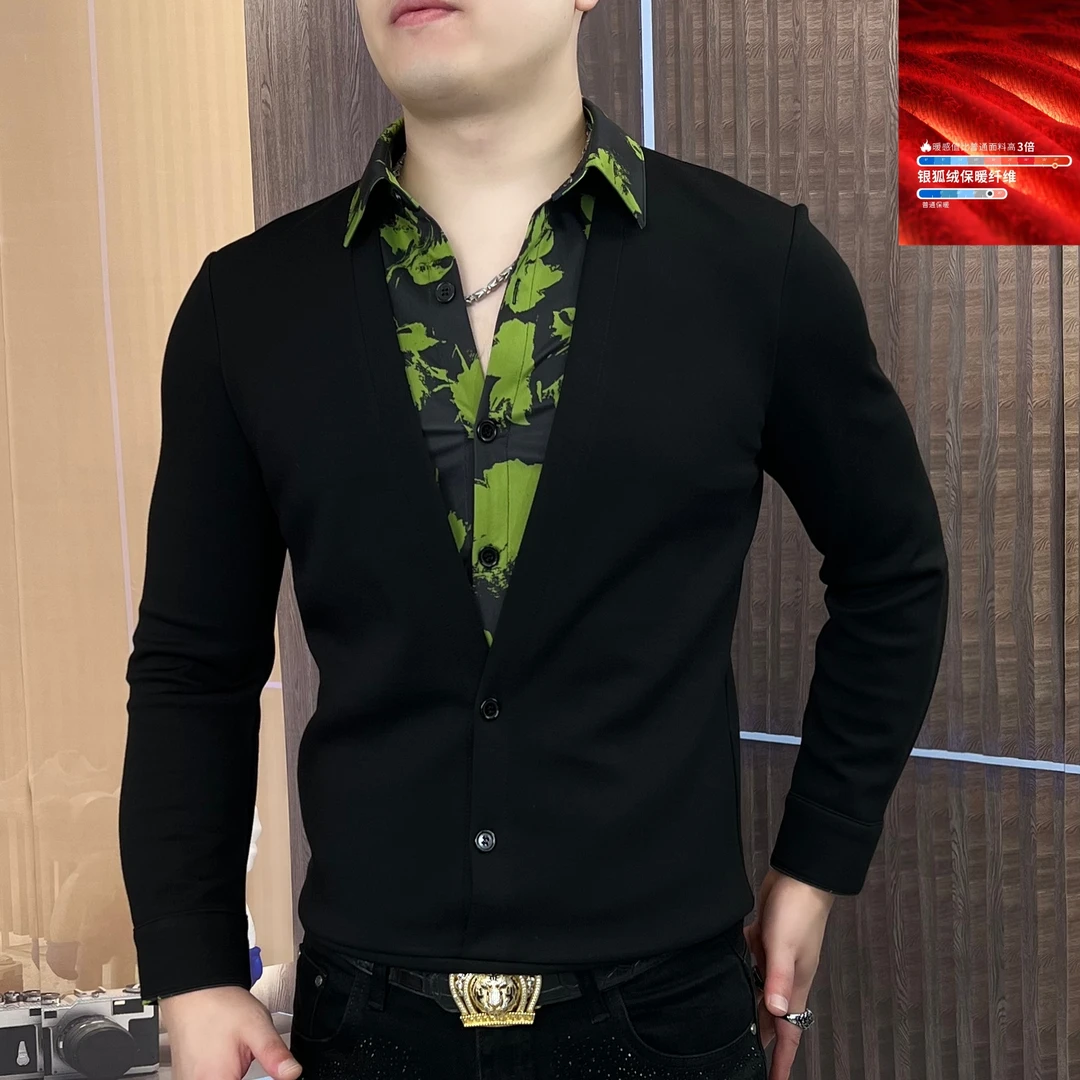 长袖衬衫加绒假两件秋季百搭男士个性时尚修身秋韩版商务CLY-24