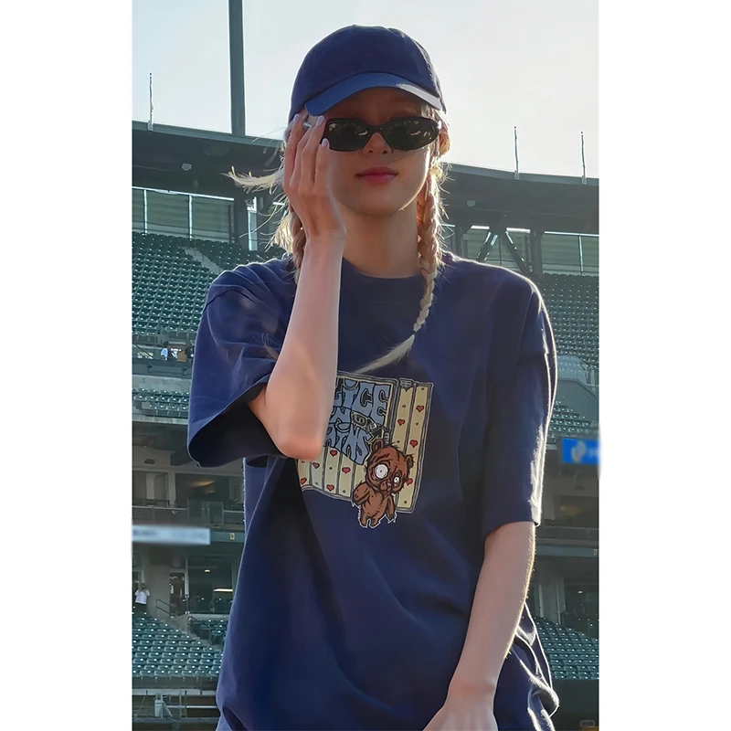 纯棉220克夏季新款趣味设计短袖T恤女复古深蓝色百搭宽松情侣上衣